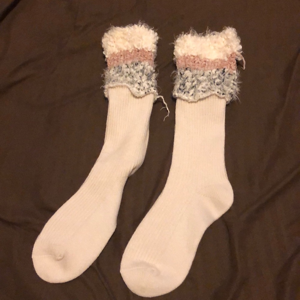 White socks with fuzzy fringe